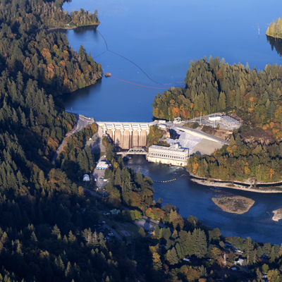Aerial view from airplane of a water dam by Hayward Lake by edb3_16