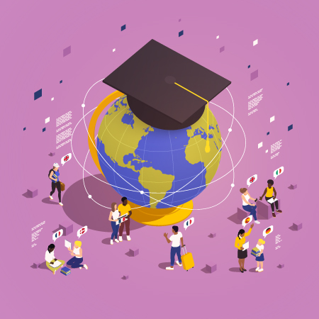 Illustration of students gaining cultural awareness around a globe with a graduation cap on it.